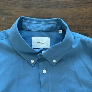 NN.07 No Nationality Mens Shirt Sz XL Striped Blue Button Down Short Sleeve Retr